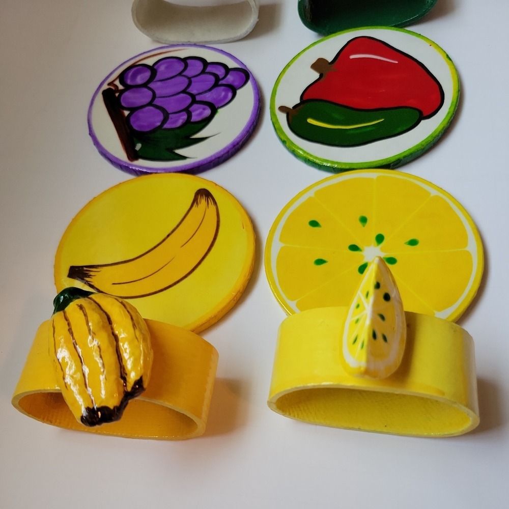 VTG 8 Folk Art‎ Paper Mache Napkin Rings and 8 Coasters Lot Fruit Mexican Bright - Picture 6 of 10
